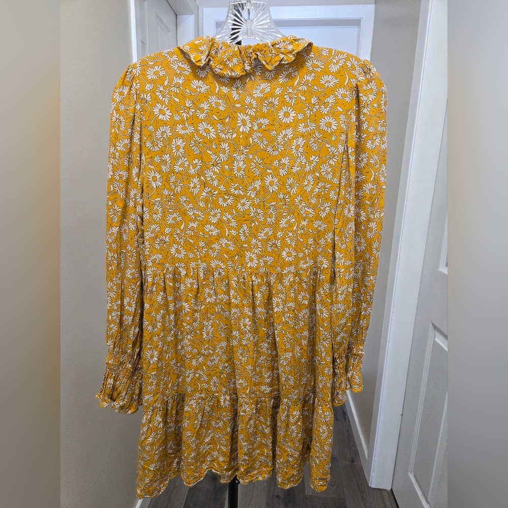 Zara Mustard Yellow Floral Ruffle Dress Boho Prairie Smocked Button Front - Picture 8 of 12